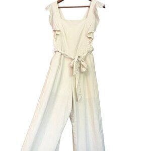 Cream Ruffle Sleeve Linen Blend Jumpsuit With Waist Tie Square Neckline & Wide L